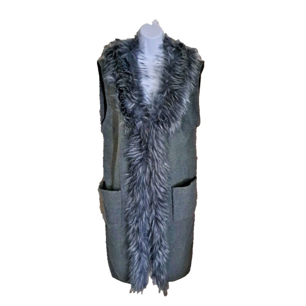Sioni Sweater‎ Vest L/XL Cardigan Long Faux Fur Trim Side Slits Hook & Eye Close